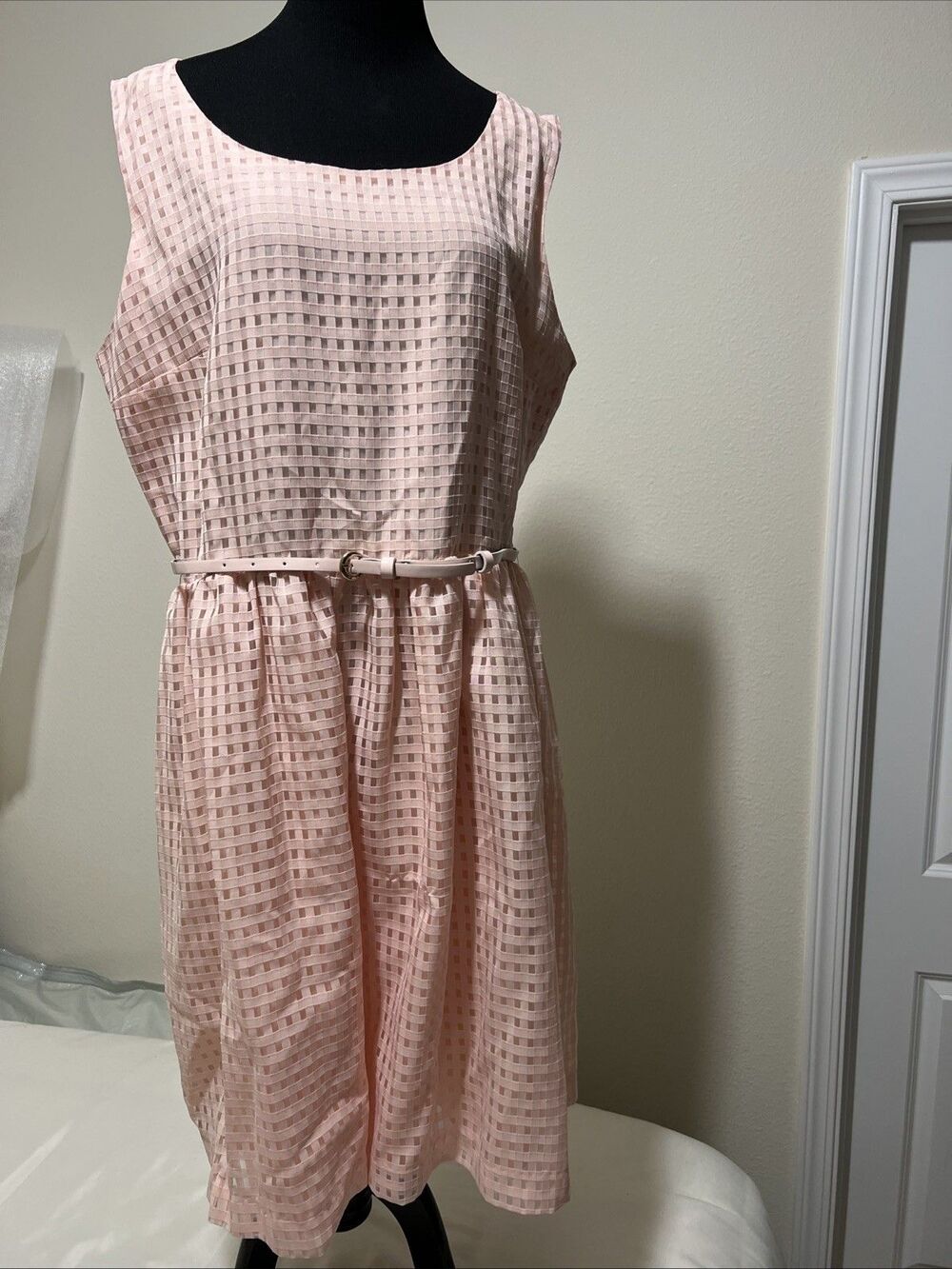 JM Studio John Meyer Pink Sheath Dress Sleeveless Belted Size 16 Woven Checks